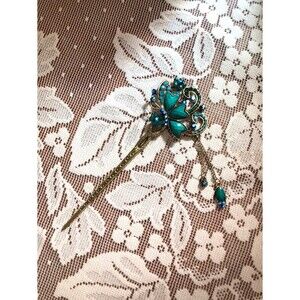 Antique-Style Teal Butterfly Hair Pin with Rhinestones